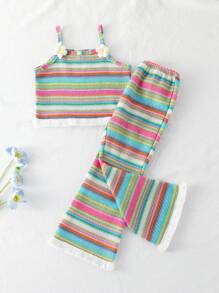 Playful Pals 2pcs/Set Young Girl Casual Colorful Stripe Tassel 3D Floral Decor Camisole & Flare Pants Set, Suitable For Spring/Summer, Outings, Travel, Photography, Parties, And Daily Wear