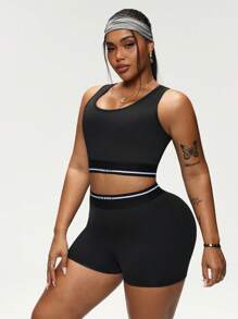 Easithlete 2pcs Plus Size Women Sports Set, Regular Bra With Racerback, Striped Panel With Sports Slogan, Contrasting Striped Waistband Shorts - Black - View 6