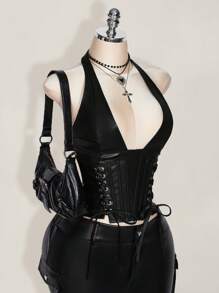 SHEIN ICON 大码女式纯色简约休闲 PU 皮革露背领扣眼装饰系带背心 Y2K 外出酒红色 V 领露肩上衣 - 黑色 - 查看 3