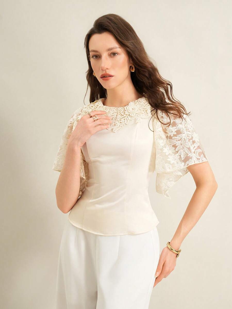 SHEIN Clasi Blusa ajustada de mujer con mangas acampanadas, de encaje bordado y malla, elegante, para el verano - Albaricoque - Ver 1