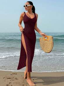 EURMUSE Solid Color Thigh High Slit Hollow Out Crochet Slip Dress Cover Up - Burgundy - View 5