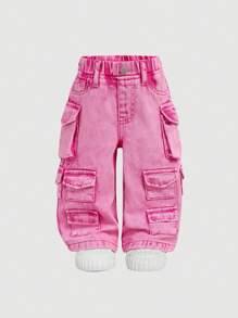 SHEIN 女婴 Y2K 宽松粉色牛仔工装裤，女童新年装，多个工装口袋，街头酷牛仔裤 - 粉色 - 查看 5