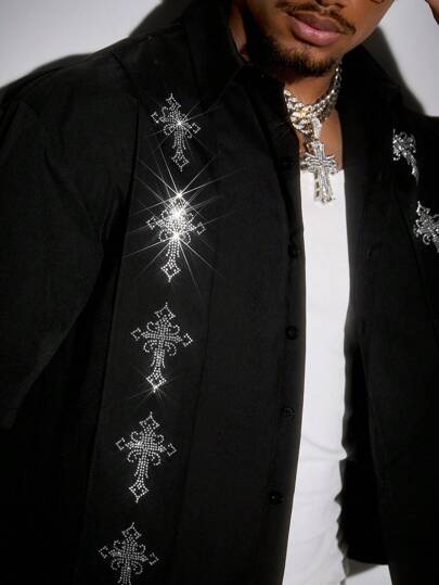 ROMWE Avant Street Men's Summer Rhinestone Cross Decor Single Breasted Casual Shirt