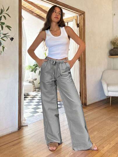 Pantalones de lino casuales con cordón a rayas para mujer