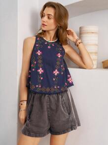 Bohemela 女士休闲中腰宽松棕色短裤 - 灰色 - 查看 4