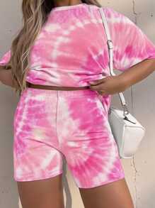 INAWLY Plus Size Women 2 Pieces Set Tie-Dye Print Loose Fit Dropped Shoulder T-Shirt & Shorts Set, Casual Vacation Outfit - Multicolor - View 4