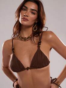 SHEIN BAE Urlaubsstrand Frühling & Sommer elegantes Retro Party braunes perlenbesetztes Mini Dreieck Bikinioberteil - Braun - Übersicht 3