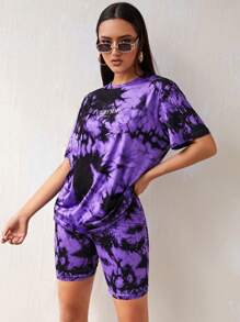 SHEIN EZwear Tie Dye & Letter Graphic Tee & Biker Shorts Set