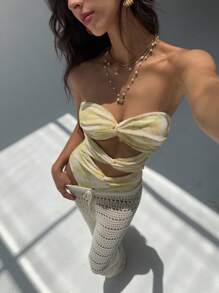 Aloruh Women's White And Yellow Summer Boho Vacation Holiday Bodysuit,Floral Print Hollow-Out & Twist Design Retro Elegant Butter Yellow Outfit - Yellow - View 6