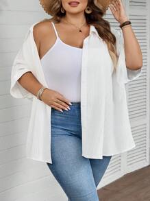 SHEIN CURVE+ Áo sơ mi trắng tay ngắn dáng rộng thoải mái dành cho nữ cỡ lớn, thích hợp cho kỳ nghỉ hè và đi biển/đi biển/nghỉ mát biển/đồ dùng cần thiết khi đi biển/lễ tốt nghiệp/tiệc trà mùa hè/phong cách đồng quê/kỳ nghỉ biển/bãi biển/trang phục đi biển - trắng - Xem 8