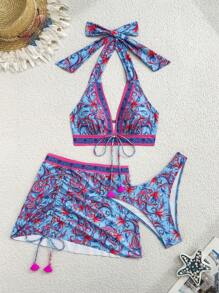 Swim Vcay 3 pièces Ensemble Maillot de bain grande taille pour femmes - Top à col noué et rembourré à imprimé floral aléatoire & Jupe bikini à taille cordonné - Multicolore - Voir 1