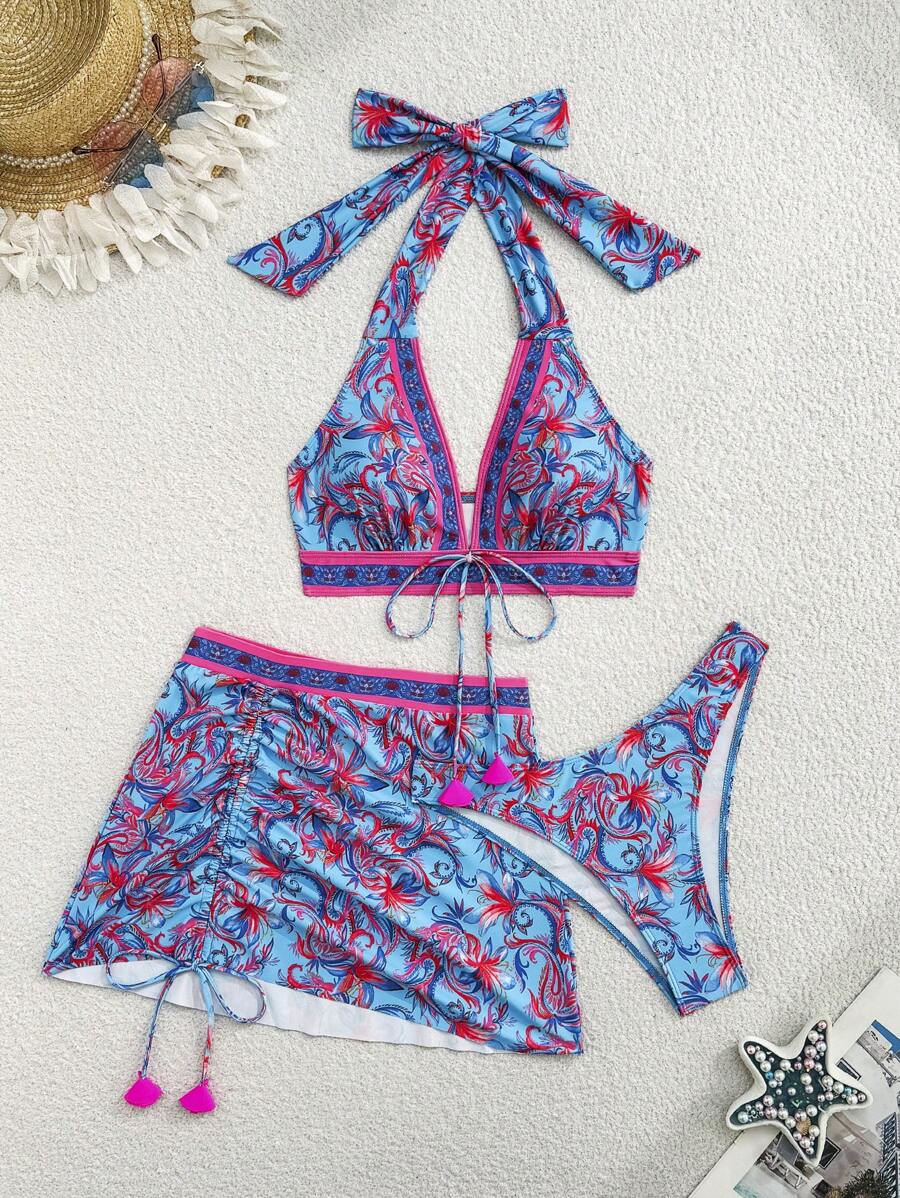 Swim Vcay 3 pièces Ensemble Maillot de bain grande taille pour femmes - Top à col noué et rembourré à imprimé floral aléatoire & Jupe bikini à taille cordonné - Multicolore - Voir 1