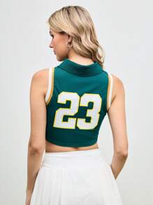 Cheerettes 女式撞色字母印花无袖运动 Polo 衫 - 綠色 - 查看 2