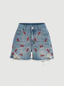 SHEIN MOD MOD 女式樱桃刺绣做旧口袋休闲牛仔短裤 - 淺色水洗藍 - 查看 5