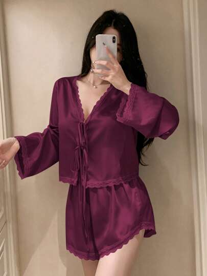 DAZY Romantic Lace Patchwork Satin Bowknot Top And Shorts Pajama Set For Women, Fall Winter Clothes