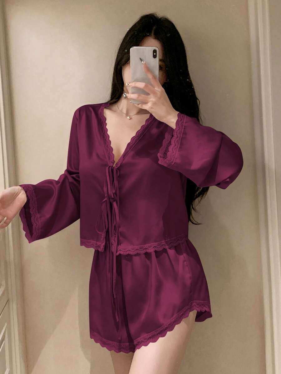 DAZY Romantic Lace Patchwork Satin Bowknot Top And Shorts Pajama Set For Women, Fall Winter Clothes