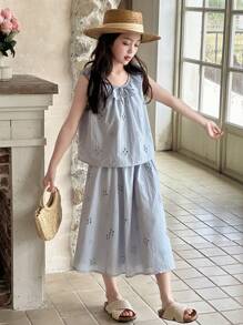 Dazy Kids Tween Girls Embroidered Lace Trim Sleeveless Top & A-Line Mini Skirt Set,Girls Summer Outfits,Back To School Clothes