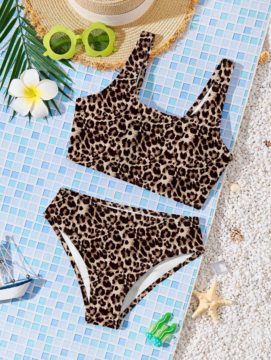 Tween Girls Red And Cheetah Print Cami Bikini Swimwear Set,Summer Casual Beach Holiday Vacation,Easy Comfort Cool Wear Collection For Family Outing - Multicolor - View 1