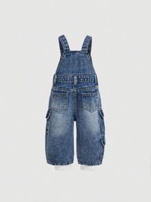 SHEIN 女婴休闲街头风格翻盖口袋蓝色牛仔背带裤 - 淺色水洗藍 - 查看 2