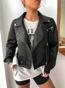SHEIN EZwear Zip Pocket Flap Detail PU Biker Jacket - Black - View 4