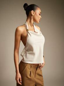 Hauture Sexy Summer Casual Asymmetrical Neck Backless Cowl Top - Khaki - View 6