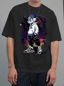 SHEIN Teen Boy Casual Cool Cartoon Rabbit With Cap Print Crew Neck Short Sleeve T-Shirt, Fashion Summer Tee