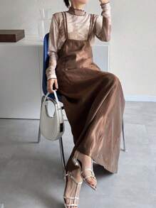 FRIFUL Falda larga casual y versátil de color café sólido con tirantes y dobladillo acampanado para mujer de talla grande, ropa de resort, ropa de otoño, ropa de vuelta al colegio - Café integral - Ver 3