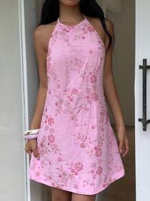 SHEIN EZwear Summer Pink Halter Backless Sequin Embroidery Mini Dress,Boho Clothes Women - Pink - View 4