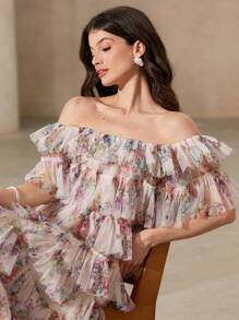 Aveloria Rosie Rose Garden-Style Pink Mesh Laser Cut Maxi Dress, Off Shoulder Tiered Ruffle Hem, 3D Mesh Fabric For Elegant Look, Waisted Design Highlights Curves, Suitable For Travel, Vacation, Parties