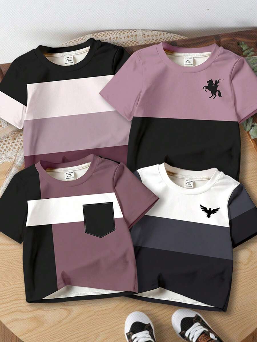 SHEIN Conjunto de 4 camisetas casuais de manga curta e gola redonda para bebês meninos, adequadas para o verão - Multicolorido - Ver 1