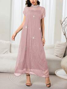 Al Najma Gaun Maxi Chiffon Semi-Transparan Wanita Elegan dengan Kerah Mandarin, Hiasan Mutiara Imitasi dan Berlian Imitasi - Berwarna merah muda - View 4