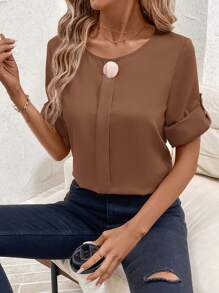 SHEIN Clasi 女士夏季纯色圆领卷袖休闲通勤衬衫 - 棕色 - 查看 4