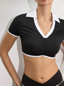 Activina 女式拼色短袖上衣和短裤夏季运动套装健身女士套装 - 黑與白 - 查看 7