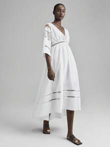 Ontre Vestido casual de vacaciones con unicolor, parche de encaje en la parte delantera y parte trasera larga - Blanco - Ver 7