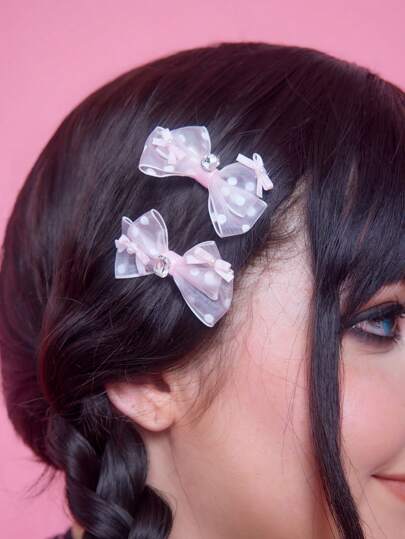 Kawaii 4 pezzi di fermagli per capelli alla moda, decorati con fiocco, perle e pois, stile dolce con mollette a coccodrillo quadrate con cristalli, molletta per capelli di colore solido, accessori per capelli