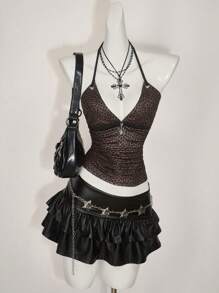 SHEIN ICON 女士夏季性感外出豹纹褶皱修身时尚露背上衣可爱夏季上衣 - 棕色 - 查看 12