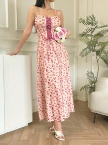 Modelyn 女式夏季度假花卉印花撞色系带装饰腰长吊带连衣裙 - 紫色 - 查看 6