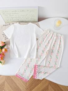 Set de 2 piezas de pijama para niña con cuellos redondos de punto suave y cómodo, estampado de mariposa y cuadros, con top de manga corta y pantalones