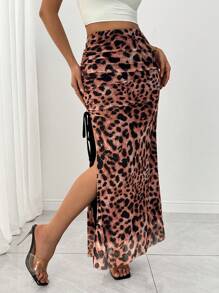 Gloray Women's Chiffon Leopard Print Drawstring Slit Elegant Skirt Fall Cloth For Women - Orange - View 4