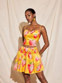 Becci Summer Fruit Printed Satin Smocking Waist Skater Skirt Women Vacation Skirt Casual Wear Summer Vacation Summer Skirt Vacation Woman Skirt Strawberry Print Strawberry Print Skirt