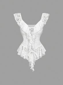 SHEINxHITOMI SHEIN MOD Elegante blusa bianca da donna con arricciature in pizzo vintage, aderente
