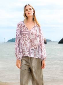 Lumivelle SeasideVibes Women's V-Neck Patchwork Print Semi-Sheer Blouse, Vacation Style Fall Cloth For Women