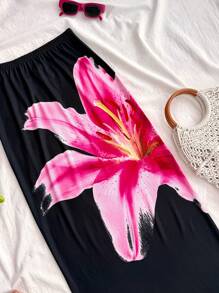 SHEIN Jupe crayon pour adolescentes avec imprimé floral contrasté noir, jupe longue transparente en maille tricotée pour les vacances, taille très basse ajustée, grands imprimés floraux, coupe sirène serrée, jupes d'automne, costume, plage