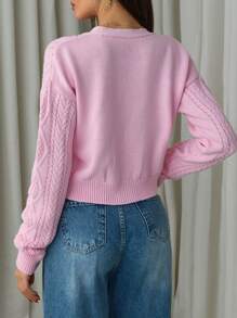 EURMUSE Casual V Neck Pink Color Cable Knit Diamond Pattern Drop Shoulder Tie Knot Front Cardigan,Cardigans For Women,Long Cardigans Woman,Petite Cardigans,Cardigans - Pink - View 2