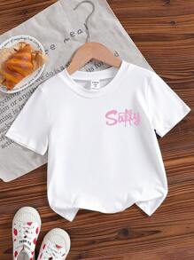 SHEIN Elladie kids 少女沙滩印花宽松圆领短袖白色T恤，少女夏季服装，适合青少年在海滩穿着的可爱T恤 - 黑色 - 查看 2
