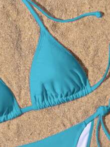SHEIN Swim 素色領結式抹胸比基尼泳衣，適合夏季海灘 - 藍色 - 查看 3