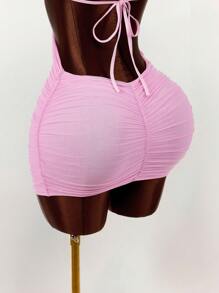 Amplova Party Dress Gold Dress  Christmas Women's Clothing Women's Solid Color Minimalist Everyday Cross-Tie Mini Dress - Pink - View 11