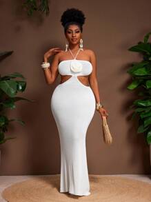 Slaydiva Rochie maxi albă, lungă, mulată, mărime plus, elegantă pentru vacanță, primăvară/vară - alb - Vizualizare 4