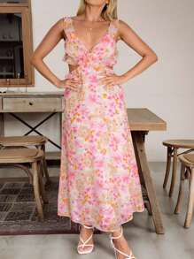 SHEIN VCAY Elegantes Blumenprint Kleid mit Hohlmuster in Große Größen, Sommerliches Blumenprint Kleid - Pink - Übersicht 1