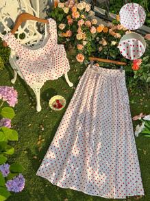 Comfortcana Bộ trang phục nghỉ hè hai mảnh dành cho nữ màu trắng dệt họa tiết chấm bi - Đỏ và trắng - Xem 5